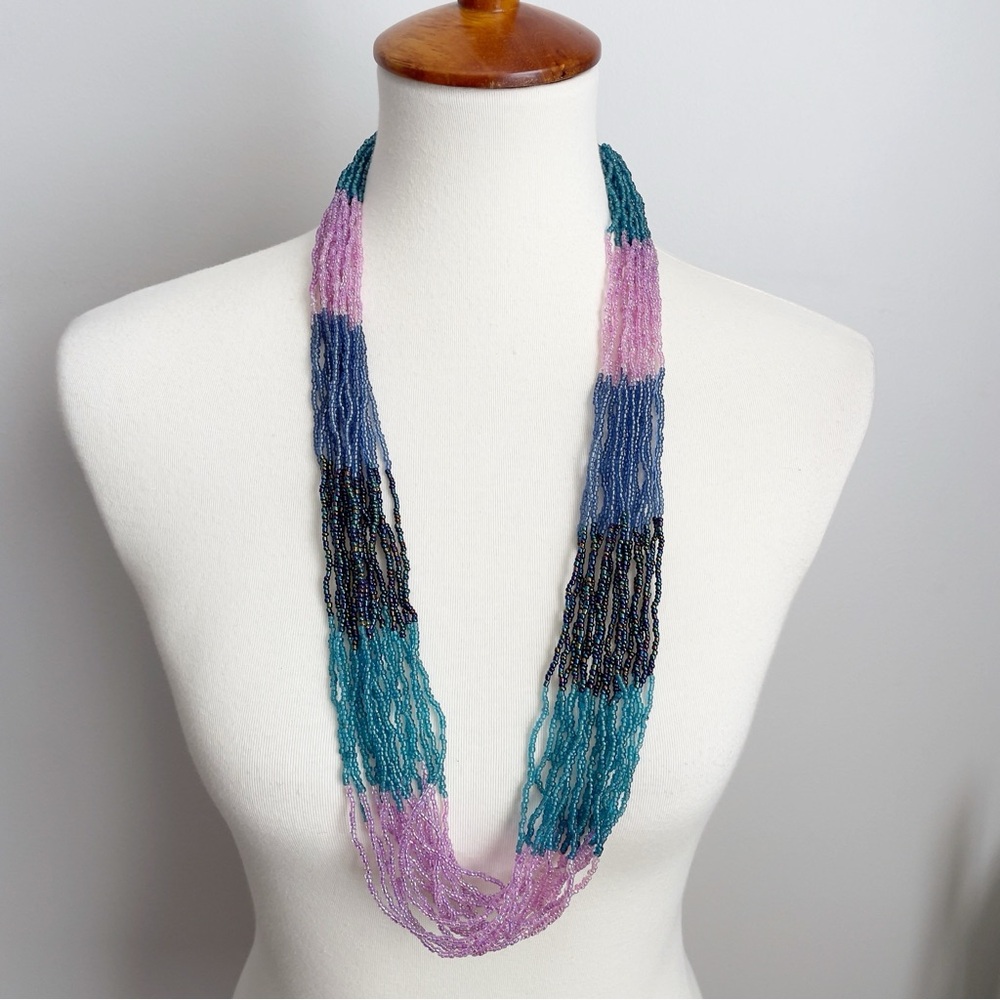 Seed Bead Necklace Pink Purple Blue Multi Strand Toggle Clasp Long NWOT
